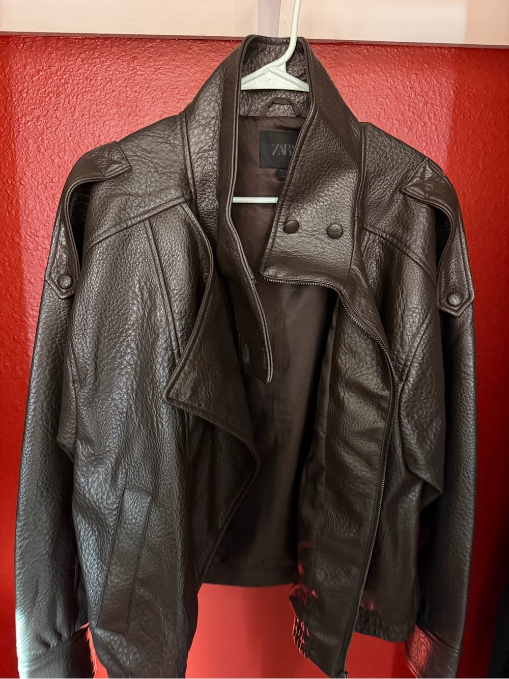 Zara Dark Brown Textured Leather Bomber Jacket
